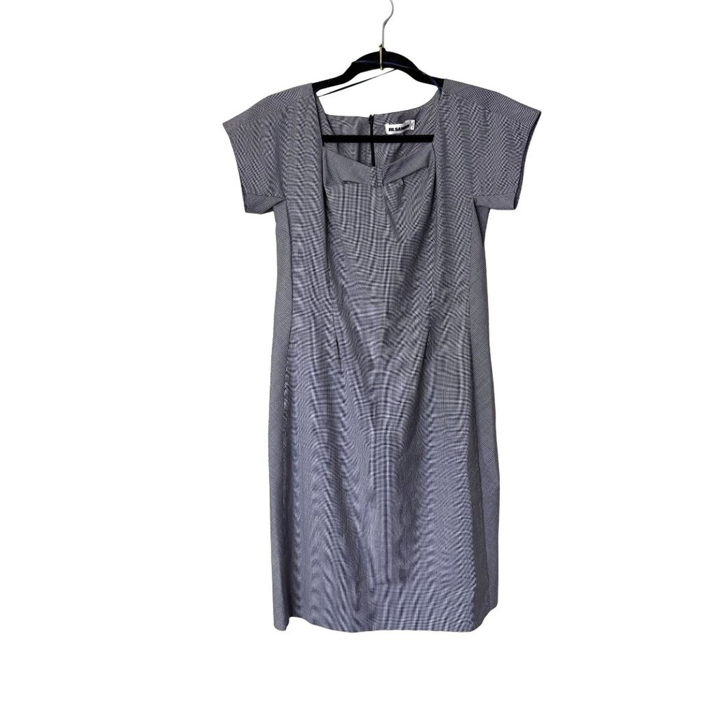 Jil Sander Women's Blue and‎ White Houndstooth Wool Midi Shift Dress  Minimalist